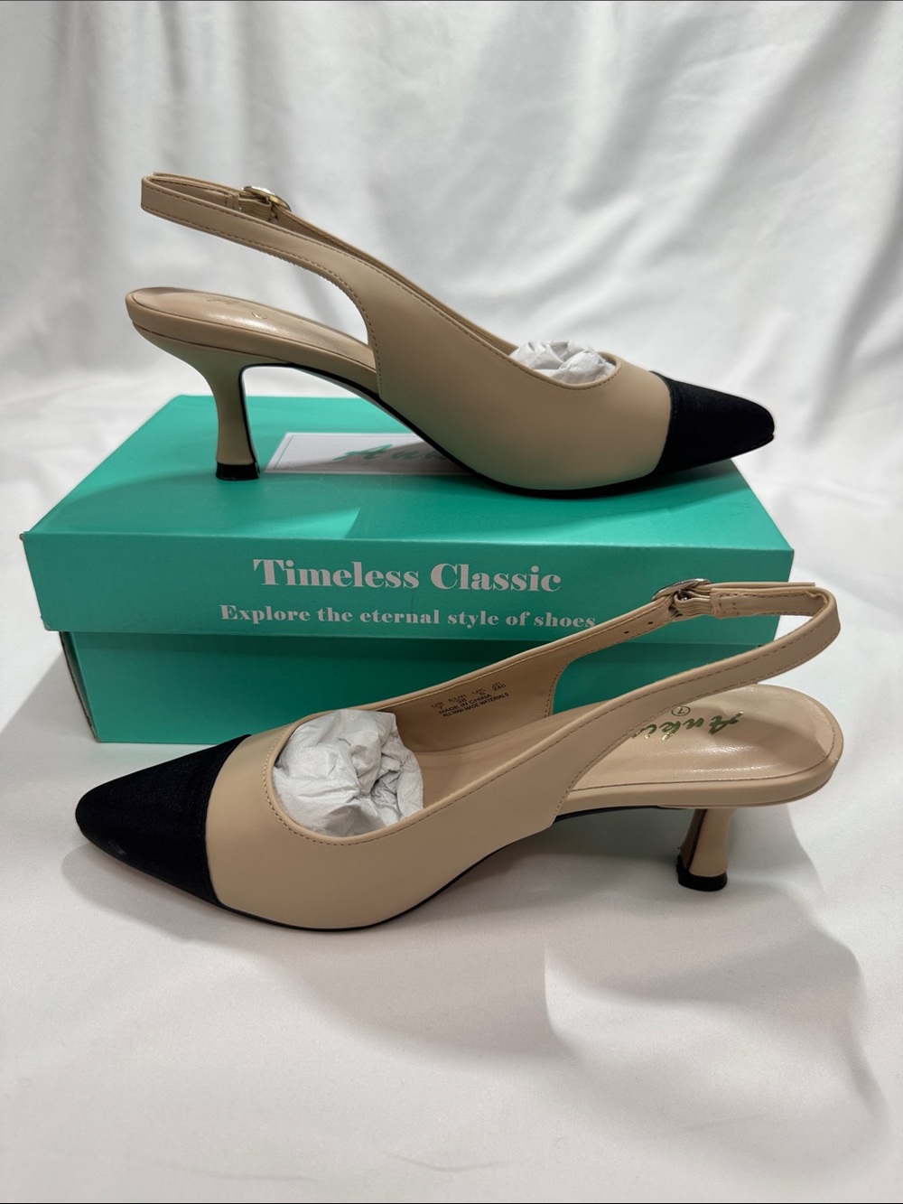 NEW Slingback Kitten Heels Minimalist Beige/Black 7